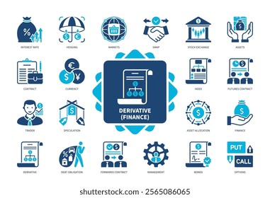 Derivative icon set. Hedging, Swap, SEO, Options, Interest Rate, Speculation, Futures Contract, Trader. Duotone color solid icons