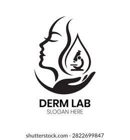 Derm Lab logo portrays a feminine facial profile accompanied by a delicate water droplet and leaf motif, offering a clean, scientific, and natural identity for dermatology clinics, skin care laboratories, clinical cosmetology centers, and hypoallergenic beauty brands.