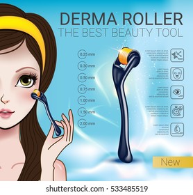 Derma Roller ads. Vector Illustration with Manga style girl and derma roller.
