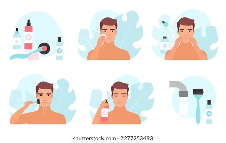 Derma roller massage for man set vector illustration. Cartoon male characters applying moisturizing serum, massaging skin of face along massage lines with dermaroller, beauty treatment in cosmetology
