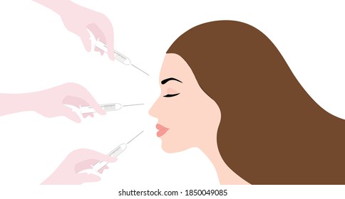 Médico en guantes médicos con inyecciones de jeringuillas rellenas para rejuvenecer el tratamiento de arrugas para ilustración de vector facial