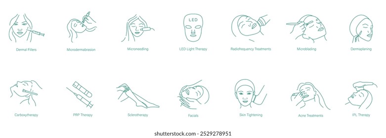 Rellenos dérmicos, Microdermoabrasión, Microneedling, Terapia de luz led, Tratamiento de radiofrecuencia, Microblading, Dermaplaning, Carboxiterapia, Terapia PRP, Celioterapia, Faciales, Iconos de ajuste de la piel