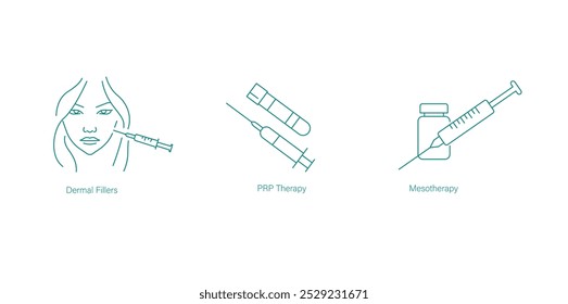 Rellenos dérmicos, tratamiento de PRP y conjunto de iconos de mesoterapia para procedimientos de volumen y rejuvenecimiento de la piel