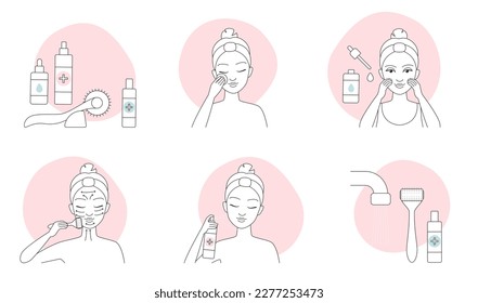 Guía de masaje Dermaroller, íconos de línea delgada microneedling set ilustración vectorial. Contorno de la colección de infografía de cuidado de la piel con cara limpia de las niñas, aplicar suero, masajear la piel con micronedos de rodillo