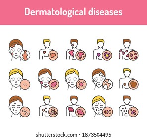 Dermatological diseases color line icons set. Pictograms for web page, mobile app, promo.