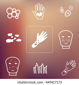 dermatological symptoms / skin problems and disorders icons set on unfocused background