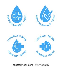 Dermatologically and clinically tested icons. Blue labels with water drop and medical cross. Dermatology test and dermatologist clinically proven stamps for allergy free product. Vector