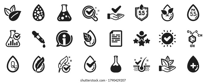 Icons für dermatologisch getestete, alkoholfreie und Paraben-chemische Formeln. Keine künstlichen Farben, Anti-Dandruff flattert freie Symbole. hypoallergen getestet, neutraler ph und organisch. Vektorgrafik