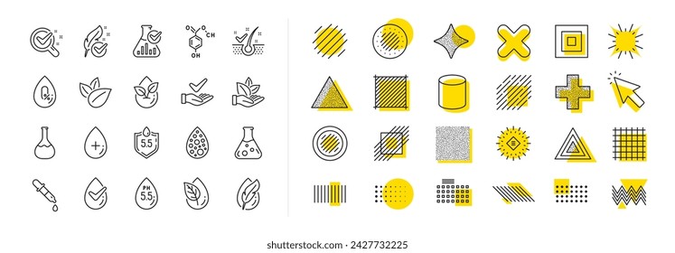 Iconos de fórmula química sin alcohol y parabeno probados dermatológicamente. Diseñar elementos de formas. Sin colores artificiales, Iconos de línea gratis de escamas anti-caspa. Vector