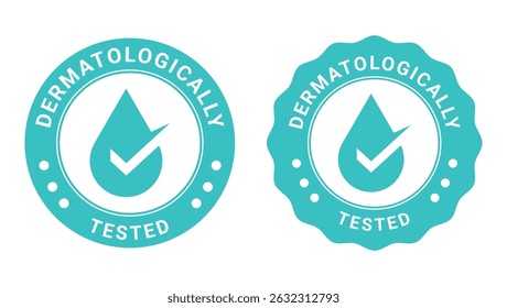 dermatologically tested badges in blue color with check mark and water drop icon for skin safe product labels