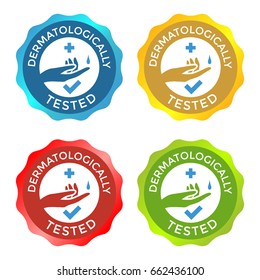 Dermatologically tested colorful icon, badge. Round vector label or sticker for skin care products with text proof of dermatology test.