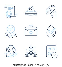 Fijación de iconos de línea de atención de la piel y primeros auxilios probados dermatológicamente. Certificado de Diploma, Salvar planeta, grupo de personas. Píldora de la cápsula, tablet médica y signos de comercio justo. Vector