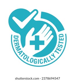 Emblema plano a prueba dermatológica - mano humana con cruz médica. Prueba de calidad sellos probados para productos cosméticos