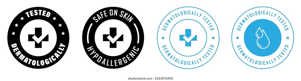 Dermatologically tested, hypoallergenic, safe on skin - set of vector stickers for skin care products package.