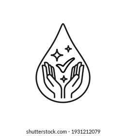 Dermatologically tested icon in line style vector label with water drop,  hand with water logo. Dermatology test and dermatologist clinic icon, business concept allergy free and healthy 