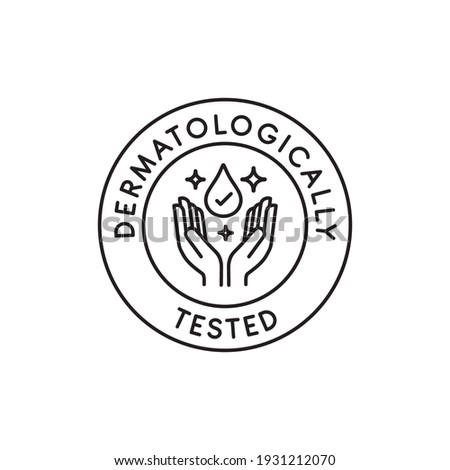 Dermatologically tested icon in line style vector label with water drop,  hand with water logo. Dermatology test and dermatologist clinic icon, business concept allergy free and healthy 