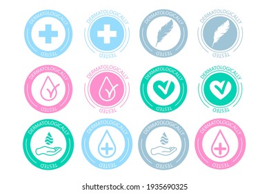 Dermatologically tested icon set . Dermatology test and dermatologist clinically proven icon for allergy free and healthy safe product package tag EPS