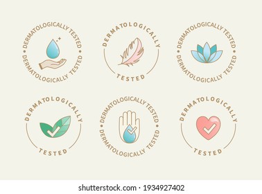 Dermatologically tested icons,label with hand,water drop, leaf and flower.Dermatology test and dermatologist clinically proven logo for allergy free and healthy safe organic cosmetics packaging.Vector