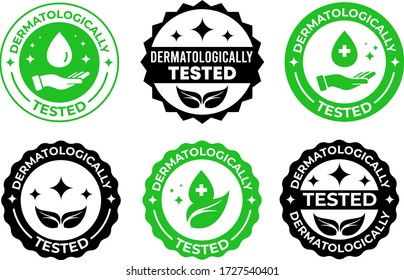 Dermatologically tested label vector with leaf, water drop, and hand logo. Dermatology test and dermatologist clinically proven icon for allergy free and healthy safe product package tag