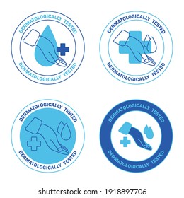 Prueba dermatológica, etiqueta con gota de agua y cruz. Prueba de dermatología y dermatólogo icono clínicamente probado para productos seguros y libres de alergia y sanos. Clínicamente probado, íconos. Vector