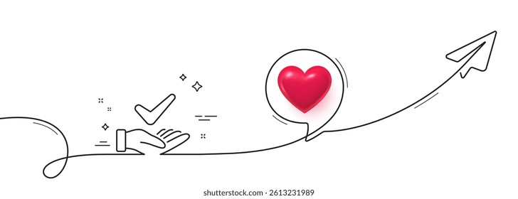 Dermatologically tested line icon. Continuous line with share plane. Organic approved sign. No synthetic symbol. 3d heart in speech bubble. Dermatologically tested single line ribbon. Vector