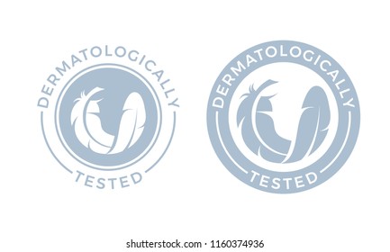 Dermatologically tested logo. Vector feather icons of hypoallergenic package label or dermatology test tag for sensitive skin of kid cosmetic lotion or skincare and bodycare products