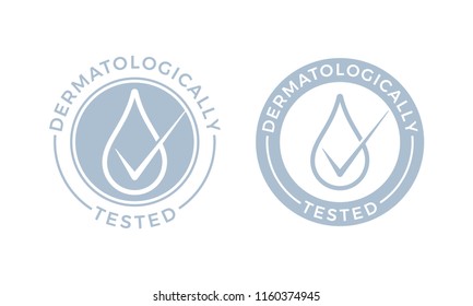 Dermatologically Tested Logo. Vector Water Drop Icons Of Hypoallergenic Package Label Or Dermatology Test Tag For Sensitive Skin Of Kid Cosmetic Lotion Or Skincare And Bodycare Pure Products