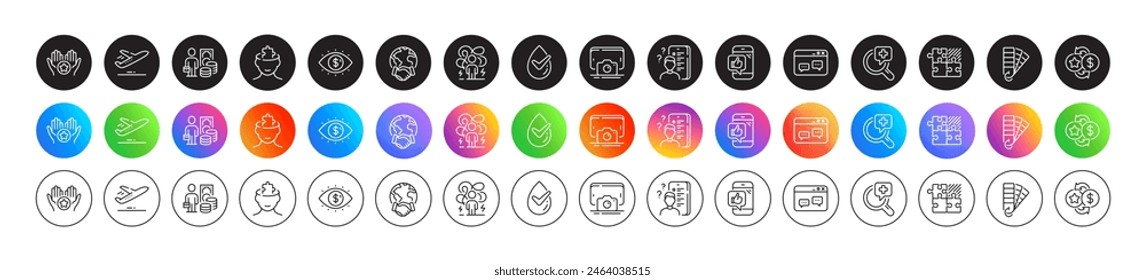 Dermatologically tested, Medical analyzes and Money profit line icons. Round icon gradient buttons. Pack of Mobile like, Mental conundrum, Global business icon. Vector