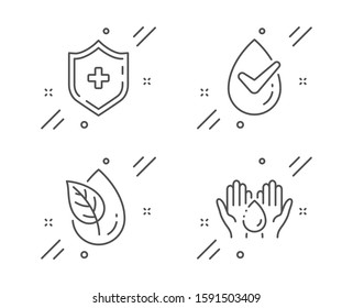 Dermatologically tested, Medical shield and Organic product line icons set. Wash hands sign. Organic, Medicine protection, Leaf. Skin care. Healthcare set. Vector