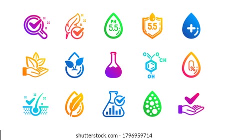 Dermatologically tested, Paraben chemical formula icons. No artificial colors, organic leaf icons. Hypoallergenic tested, Neutral ph. Classic set. Gradient patterns. Quality signs set. Vector