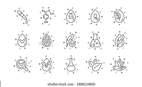 Dermatologically tested, Paraben chemical formula icons. No artificial colors, organic leaf line icons. Hypoallergenic tested, Neutral ph. Linear set. Geometric elements. Quality signs set. Vector