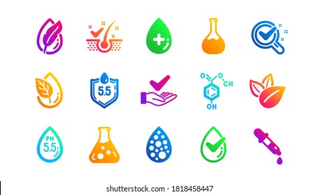 Dermatologically tested, Paraben chemical formula icons. No artificial colors, Anti-dandruff flakes free icons. Hypoallergenic tested, Neutral ph. Classic set. Gradient patterns. Vector