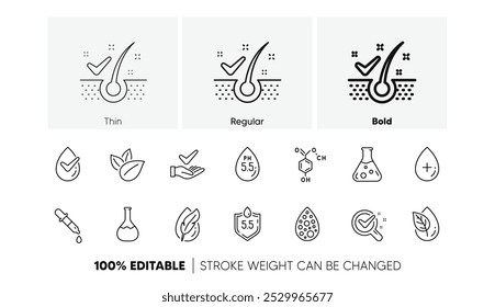 Probado dermatológicamente, los iconos de fórmula química Paraben. No hay colores artificiales, Anti-caspa escamas iconos de línea libre. Hipoalergénico probado, pH neutro. Conjunto lineal. Conjunto de iconos de línea. Vector