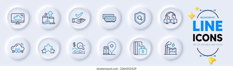 Dermatologically tested, Petrol station and Electricity factory line icons for web app. Pack of Check investment, Inspect, Blocked card pictogram icons. Seo devices, Video conference. Vector