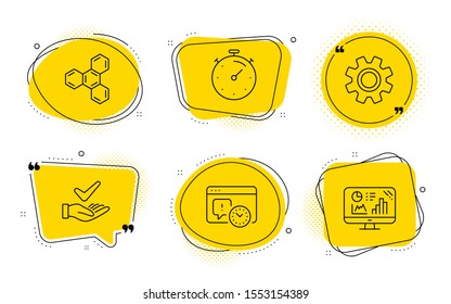 Dermatologically tested, Project deadline and Analytics graph signs. Chat bubbles. Timer, Chemical formula and Service line icons set. Deadline management, Chemistry, Cogwheel gear. Organic. Vector