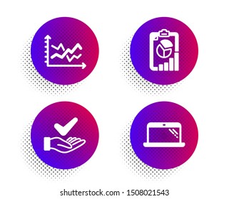 Dermatologically tested, Report and Diagram chart icons simple set. Halftone dots button. Laptop sign. Organic, Presentation chart, Presentation graph. Computer. Science set. Vector