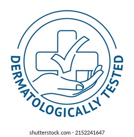 Dermatologically tested stamp - check mark with medical cross in hand. Quality testing proven emblem for cosmetic products packaging