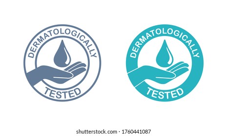 Dermatologically tested stamp - hand and liquid drop of gel of cream - isolated vector emblem for cosmetics pacaking