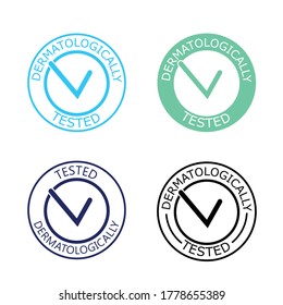 Dermatologically tested vector label with check mark logo. Dermatology test and dermatologist clinically proven icon for allergy free and healthy safe product package tag