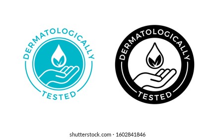 Dermatologically tested vector label with water drop, leaf and hand logo. Dermatology test and dermatologist clinically proven icon for allergy free and healthy safe product package tag