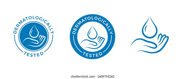 Dermatologically tested vector label with water drop, leaf and hand logo. Dermatology test and dermatologist clinically proven icon for allergy free and healthy safe product package tag - Shutterstock ID 1609755262
