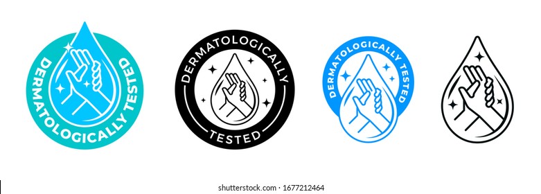 Dermatologically tested vector label with water drop, leaf and hand logo. Dermatology test and dermatologist clinically proven icon for allergy free and healthy safe product package tag - Shutterstock ID 1677212464