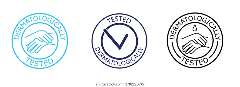 Dermatologically tested vector label with water drop, check mark and hand logo. Dermatology test and dermatologist clinically proven icon for allergy free and healthy safe product package tag