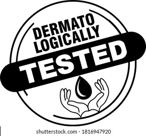 Dermatologically tested vector label with water drop, leaf and hand logo. Dermatology test and dermatologist clinically proven icon for allergy free and healthy safe product package tag.