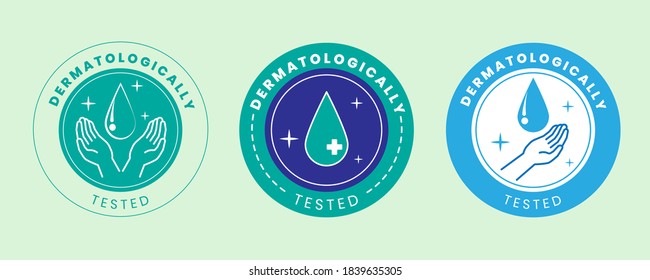 Dermatologically tested vector label with water drop and hand logo. Dermatology test and dermatologist clinically proven icon for allergy free and healthy safe product package tag