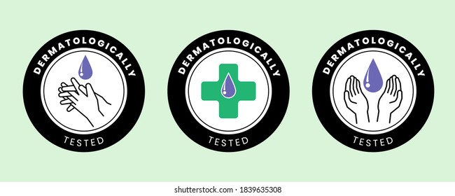 Dermatologically tested vector label with water drop and hand logo. Dermatology test and dermatologist clinically proven icon for allergy free and healthy safe product package tag