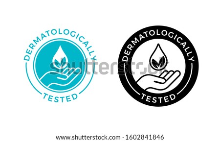 Dermatologically tested vector label with water drop, leaf and hand logo. Dermatology test and dermatologist clinically proven icon for allergy free and healthy safe product package tag