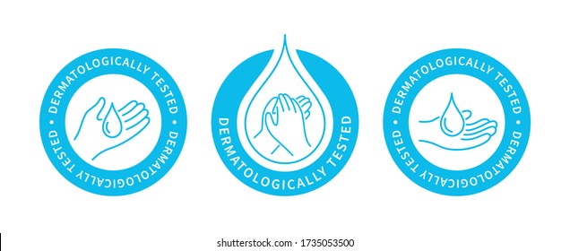 Prueba dermatológica, pegatina vectorial o etiqueta. Iconos listos para usar en paquetes de diseño de productos dermatológicos. Diseño de etiquetas con el logo, mano y gota de agua.