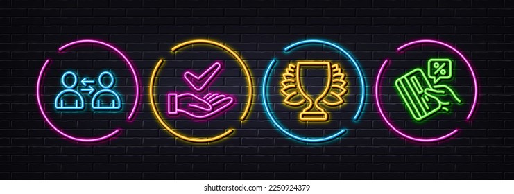 Dermatologically tested, Winner and Communication minimal line icons. Neon laser 3d lights. Credit card icons. For web, application, printing. Organic, Sports achievement, Users talking. Vector
