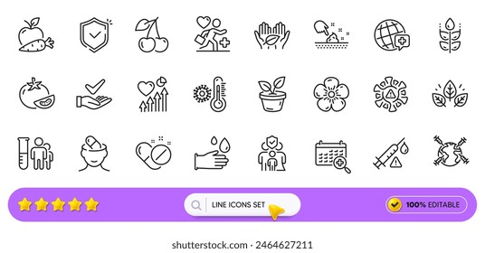 Dermatologically tested, World medicine and Cherry line icons for web app. Pack of Vaccine attention, Skin moisture, Coronavirus pictogram icons. Heart beat, Medical analyzes. Search bar. Vector